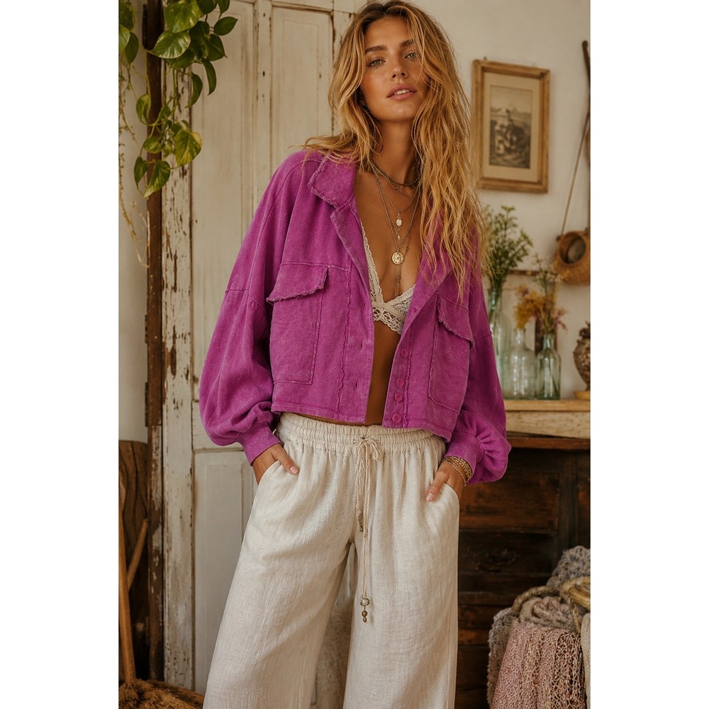 Bucket List Magenta Mineral Wash Cropped Shacket Raw Edge Jacket Womens OS
